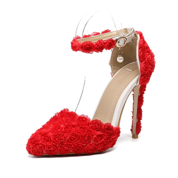 Eleganckie Kość Słoniowa Aplikacje Buty Ślubne 2020 Z Paskiem 11 cm Szpilki Szpiczaste Ślub Na Obcasie