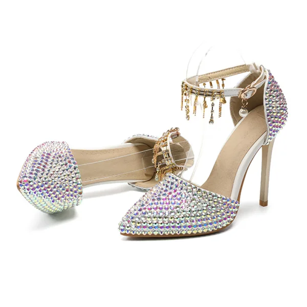 Charmant Multifarben Strass Brautschuhe 2020 Knöchelriemen 11 cm Stilettos Spitzschuh Hochzeit High Heels