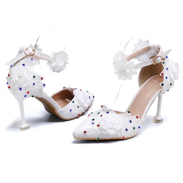 Chic / Belle Ivoire Promo Chaussures Femmes 2020 En Dentelle Fleur Appliques Faux Diamant Bride Cheville 6 cm Talons Aiguilles À Bout Pointu Talons