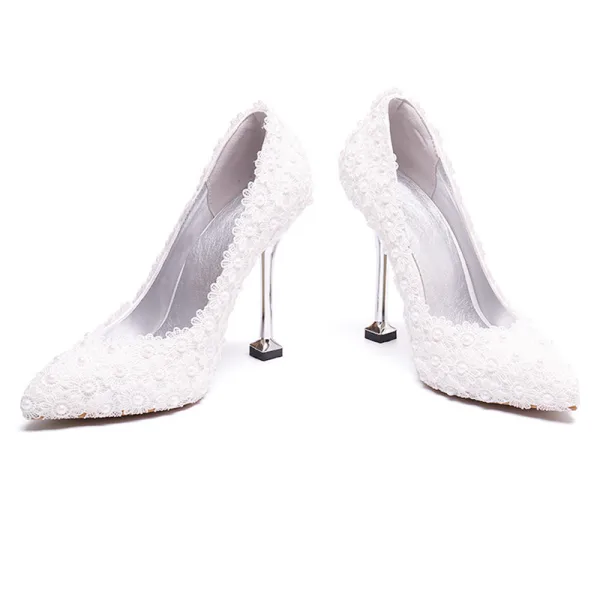 Chic Ivoire En Dentelle Fleur Chaussure De Mariée 2020 Perle 9 cm Talons Aiguilles À Bout Pointu Mariage Escarpins