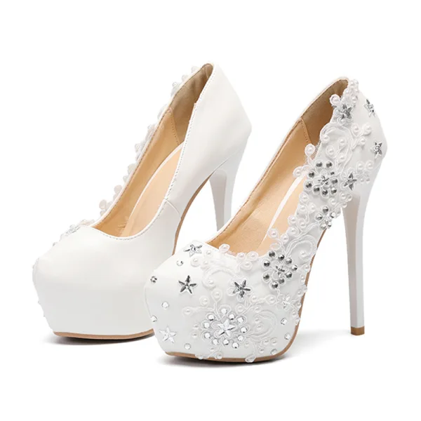 Fashion Ivory Wedding Shoes 2020 Rhinestone Lace Flower 14 cm Stiletto Heels Round Toe Wedding Pumps