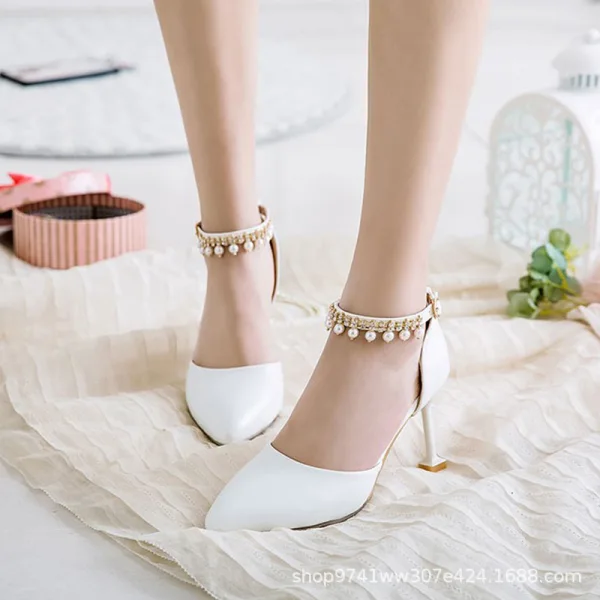 Chic / Beautiful Ivory Cocktail Party Womens Shoes 2020 Pearl Rhinestone Ankle Strap 6 cm Stiletto Heels Pointed Toe High Heels