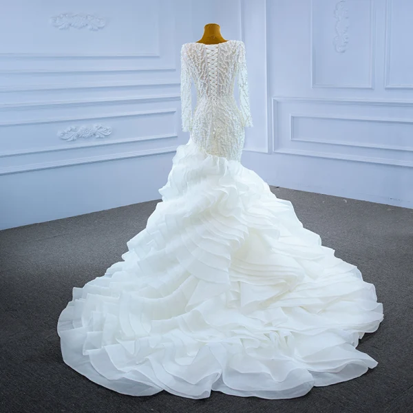 High-end Ivory Handmade  Beading Pearl Wedding Dresses 2021 Trumpet / Mermaid Cascading Ruffles Scoop Neck Long Sleeve Chapel Train Wedding