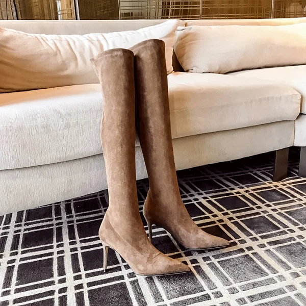 High-end Black Street Wear Suede Womens Boots 2020 Leather 8 cm Stiletto Heels Pointed Toe Boots