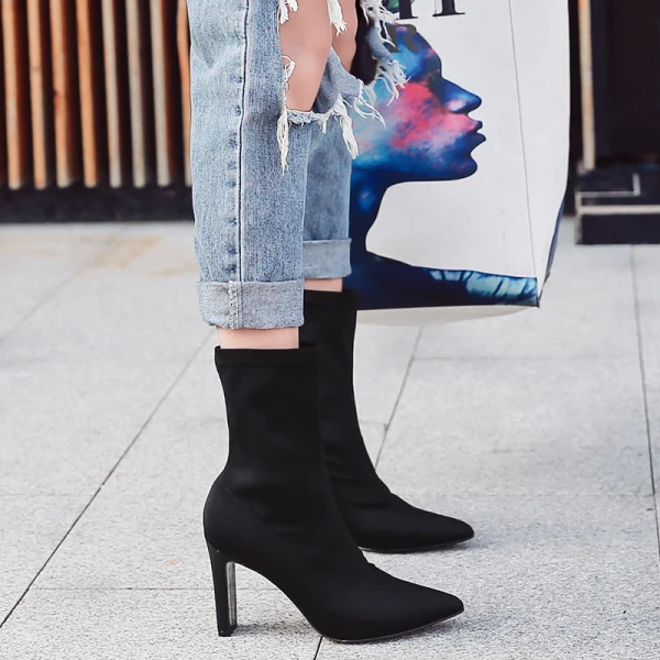 High-end Modest / Simple Black Street Wear Womens Boots 2020 Leather Suede 8 cm Stiletto Heels Pointed Toe Boots