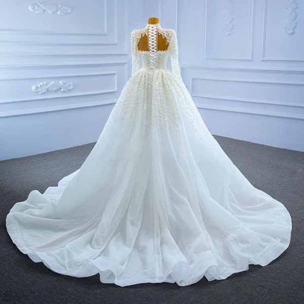 High-end Luxury / Gorgeous Ivory Handmade  Beading Pearl Sequins Wedding Dresses 2021 Trumpet / Mermaid High Neck Long Sleeve Court Train Wedding