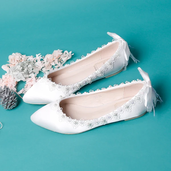 Elegant Ivory Satin Flat Wedding Shoes 2020 Pearl Lace Flower Bow Pointed Toe Elegant Ivory Satin Flat Wedding Shoes 2020 Pearl Lace Flower Bow Pointed Toe