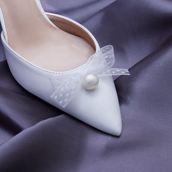 Amazing / Unique Ivory Wedding Shoes 2020 Lace Pearl Rhinestone Bow Ankle Strap 9 cm Stiletto Heels Pointed Toe Wedding Heels