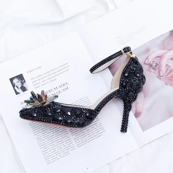 Charming Black Evening Party Crystal Ankle Strap Womens Shoes 2020 9 cm Stiletto Heels Pointed Toe High Heels