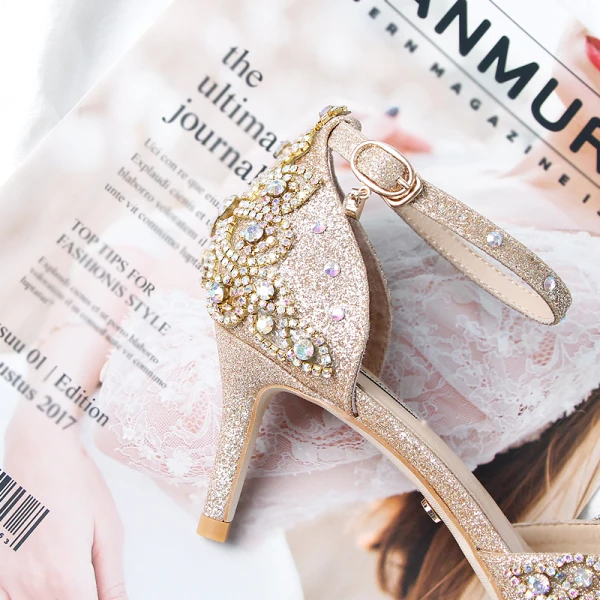 Scintillantes Doré Faux Diamant Chaussure De Mariée 2020 Cuir Glitter Paillettes Bride Cheville 9 cm Talons Aiguilles À Bout Pointu Mariage Talons