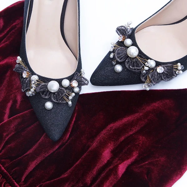 Elegant Black Cocktail Party Leather Glitter Pumps 2020 Pearl Lace Flower 7 cm Stiletto Heels Pointed Toe Pumps