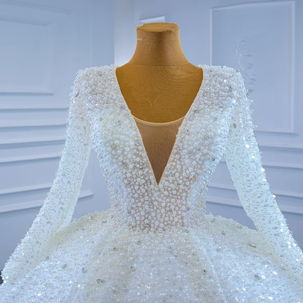 High-end Sparkly Ivory Pearl Wedding Dresses 2021 Ball Gown Handmade  Beading Rhinestone Sequins V-Neck Long Sleeve Court Train Wedding