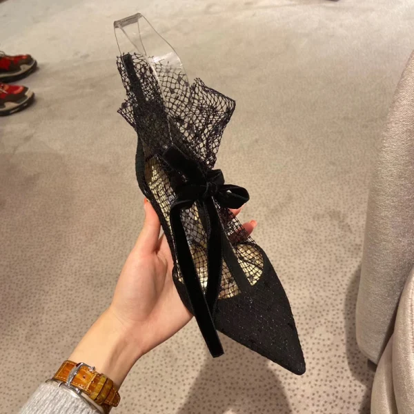 Sexy Black Street Wear Lace Womens Sandals 2020 Bow Ankle Strap 9 cm Stiletto Heels Pointed Toe Pumps