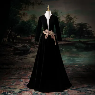 Vintage Negro Rebordear Con Encaje Flor Vestidos De Gala 2025 A Line Princess V Cuello Manga Larga Sin Espalda Largos Gala Vestidos Formales