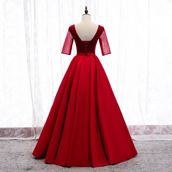 Élégant Rouge Robe De Bal 2020 Princesse V-Cou Noeud Perlage Paillettes 1/2 Manches Dos Nu Longue Robe De Ceremonie