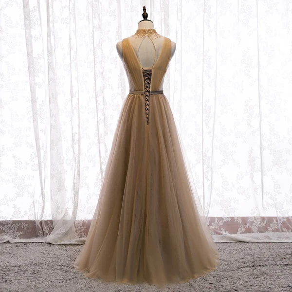 Charming Champagne Evening Dresses 2020 A-Line / Princess High Neck Beading Crystal Sleeveless Backless Floor-Length / Long Formal Dresses