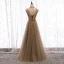 Charming Champagne Evening Dresses  2020 A-Line / Princess High Neck Beading Crystal Sleeveless Backless Floor-Length / Long Formal Dresses