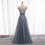Charmant Gris Robe De Soirée 2020 Princesse Bretelles Spaghetti Perlage Cristal Paillettes Sans Manches Dos Nu Longue Robe De Ceremonie
