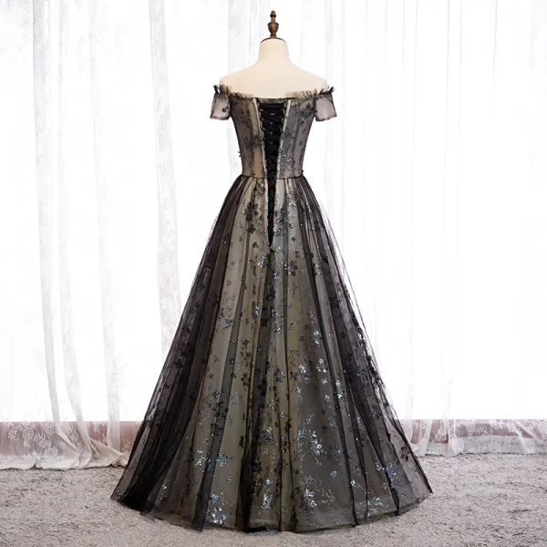 Élégant Noire Robe De Soirée 2020 Princesse De l'épaule Perlage Cristal Paillettes En Dentelle Fleur Manches Courtes Dos Nu Longue Robe De Ceremonie