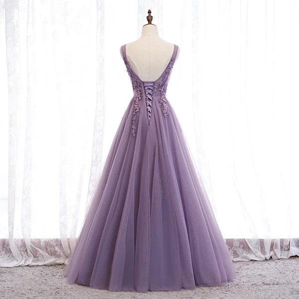 Classy Purple Evening Dresses  2020 A-Line / Princess V-Neck Beading Lace Flower Sleeveless Backless Floor-Length / Long Formal Dresses