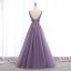 Classy Purple Evening Dresses  2020 A-Line / Princess V-Neck Beading Lace Flower Sleeveless Backless Floor-Length / Long Formal Dresses