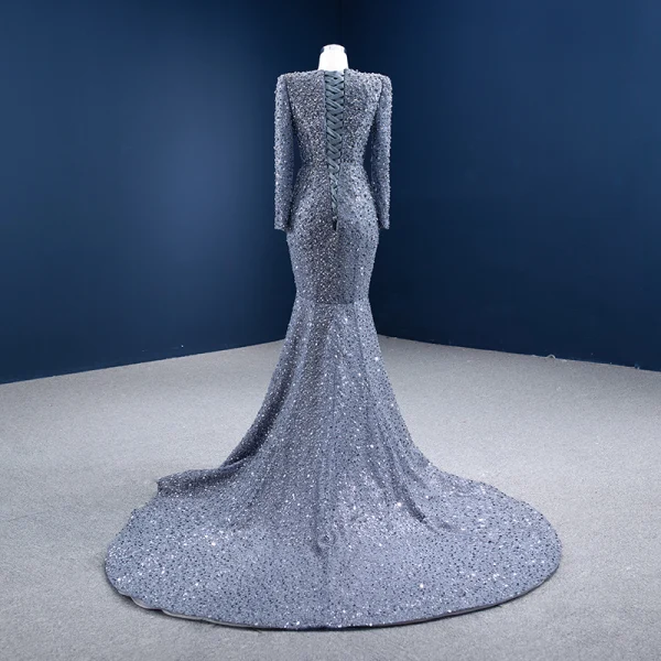High-end Grey Beading Pearl Rhinestone Evening Dresses  2021 Trumpet / Mermaid Scoop Neck Sequins Long Sleeve Court Train Evening Party Formal Dresses