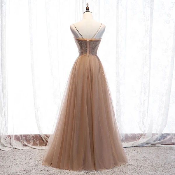 Fashion Champagne Evening Dresses 2020 A-Line / Princess Scoop Neck Beading Crystal Rhinestone Sleeveless Backless Floor-Length / Long Formal Dresses