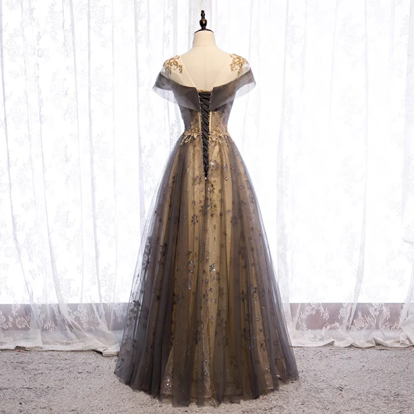 Elegant Champagne Evening Dresses 2020 A-Line / Princess Scoop Neck Beading Sequins Lace Flower Short Sleeve Backless Floor-Length / Long Formal Dresses