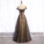 Elegant Champagne Evening Dresses  2020 A-Line / Princess Scoop Neck Beading Sequins Lace Flower Short Sleeve Backless Floor-Length / Long Formal Dresses