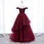 Classy Burgundy Evening Dresses  2020 A-Line / Princess Off-The-Shoulder Beading Crystal Short Sleeve Backless Floor-Length / Long Formal Dresses