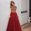 Classy Burgundy Evening Dresses  2020 A-Line / Princess Scoop Neck Beading Rhinestone Lace Flower Short Sleeve Backless Floor-Length / Long Formal Dresses