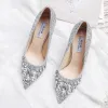 Sparkly Silver Wedding Shoes 2020 Leather Rhinestone Sequins 10 cm Stiletto Heels Pointed Toe Wedding Pumps