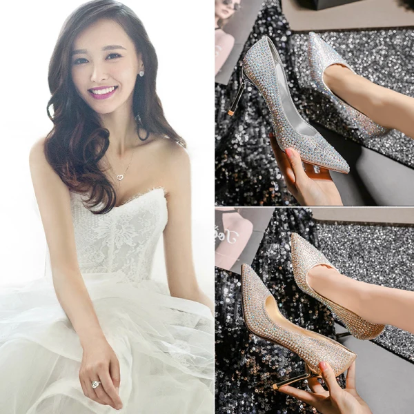 Scintillantes Doré Cristal Chaussure De Mariée 2020 Cuir Faux Diamant 8 cm Talons Aiguilles À Bout Pointu Mariage Escarpins