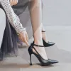 Eenvoudige Zwarte Feest Sandalen Dames 2020 Enkelband 10 cm Naaldhakken / Stiletto Spitse Neus Sandalen