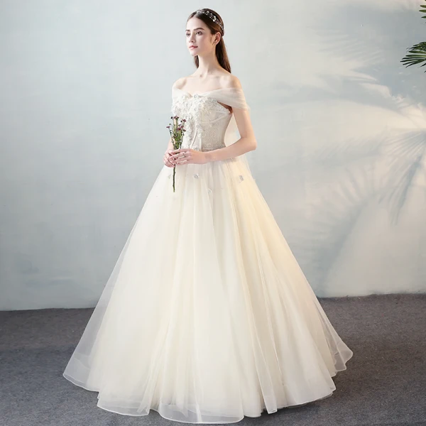 Schöne Ivory / Creme Brautkleider 2018 A Linie Mit Spitze Applikationen Perle Schleife Off Shoulder Rückenfreies Lange Hochzeit