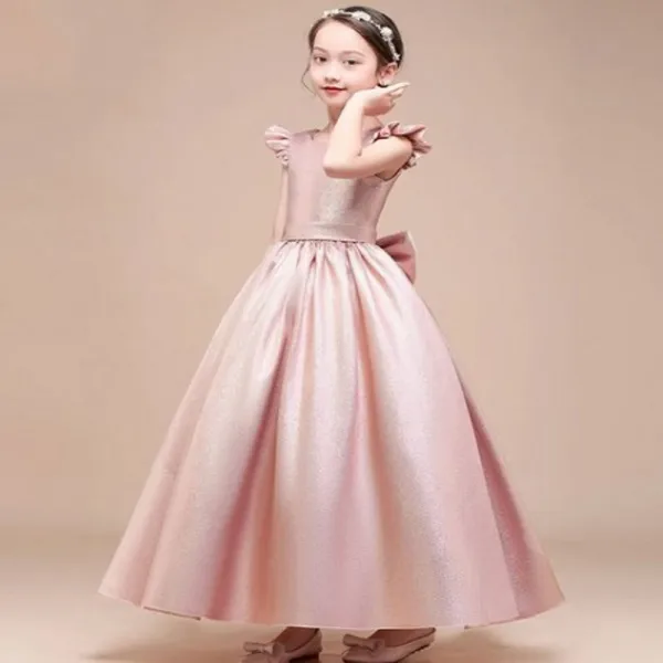 Moderne / Mode Bleu Ciel Ceinture Anniversaire Robe Ceremonie Fille 2021 Princesse Encolure Dégagée Dos Nu Noeud Sans Manches