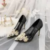 Charming Ivory Lace Wedding Shoes 2020 Leather Pearl Rhinestone 10 cm Stiletto Heels Pointed Toe Wedding Pumps