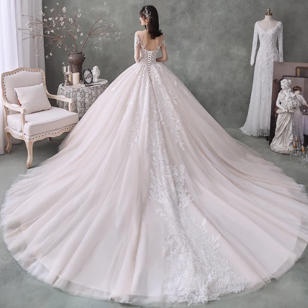 Luxury / Gorgeous Ivory Wedding Dresses 2020 Ball Gown Scoop Neck Beading Pearl Rhinestone 3/4 Sleeve Backless Cathedral Train