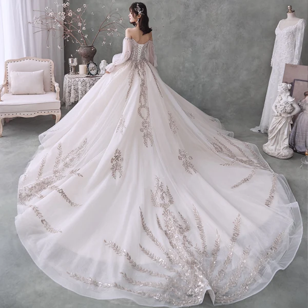Luxury / Gorgeous Ivory Wedding Dresses 2020 Ball Gown Off-The-Shoulder Beading Crystal Sequins Long Sleeve Backless Royal Train
