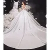 High-end Ivory Satin Wedding Dresses 2020 Ball Gown Off-The-Shoulder Pearl Lace Flower Sleeveless Backless Cathedral Train