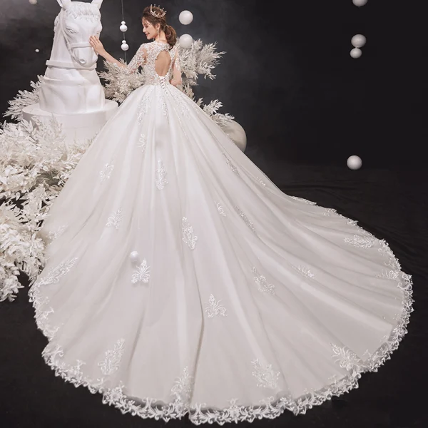 Luxury / Gorgeous Ivory Wedding Dresses 2020 Ball Gown Scoop Neck Beading Lace Flower Long Sleeve Backless Cathedral Train