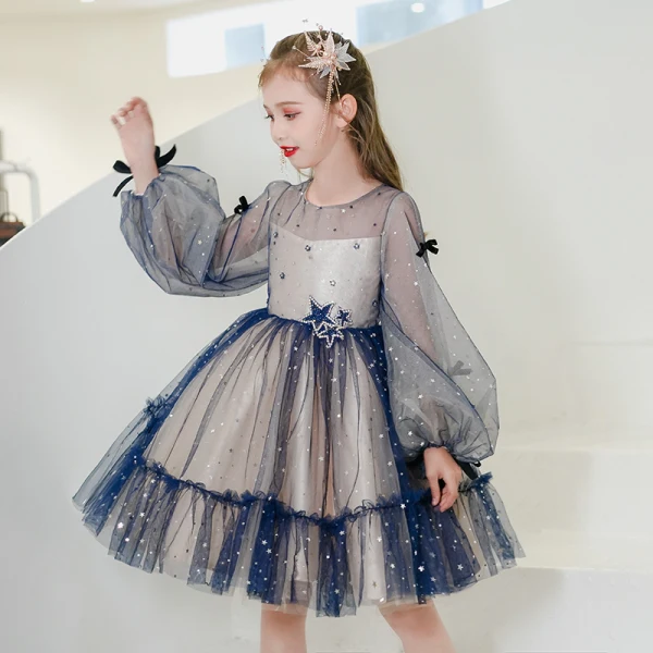 Fashion Ocean Blue Short Birthday Flower Girl Dresses 2021 Ball Gown Scoop Neck Star Rhinestone Sequins Long Sleeve