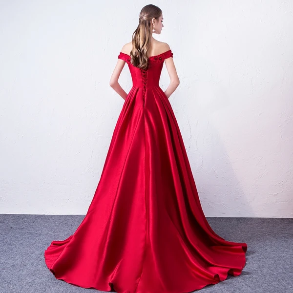 Chic / Belle Bordeaux Robe De Soirée 2018 Princesse En Dentelle Appliques Perlage Paillettes De l'épaule Dos Nu Sans Manches Train De Balayage Robe De Ceremonie