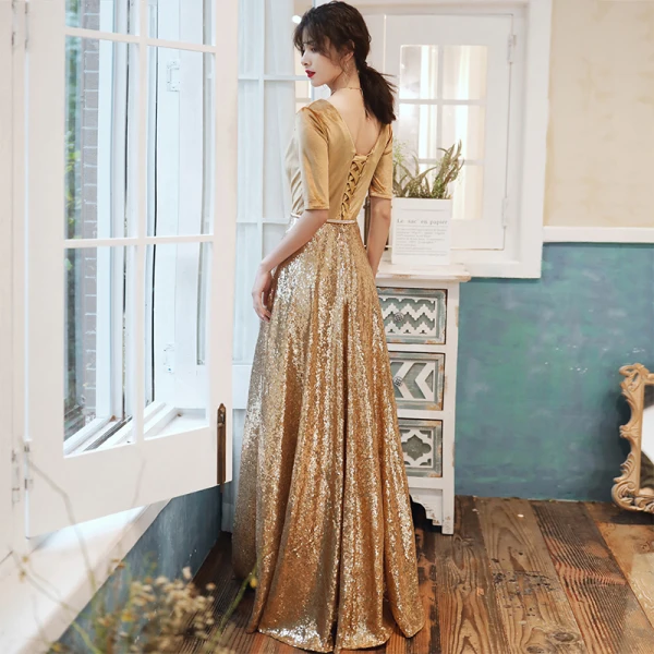 Sparkly Gold Evening Dresses  2020 A-Line / Princess Suede V-Neck Sequins 1/2 Sleeves Backless Floor-Length / Long Formal Dresses