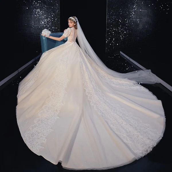 High-end Ivory Lace Flower Wedding Dresses 2020 Ball Gown Scoop Neck Beading Pearl Short Sleeve Covered Button Cathedral Train