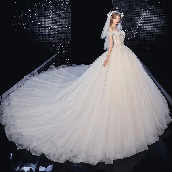 Luxury / Gorgeous Ivory Wedding Dresses 2020 Ball Gown Off-The-Shoulder Beading Rhinestone Sequins Short Sleeve Backless Royal Train
