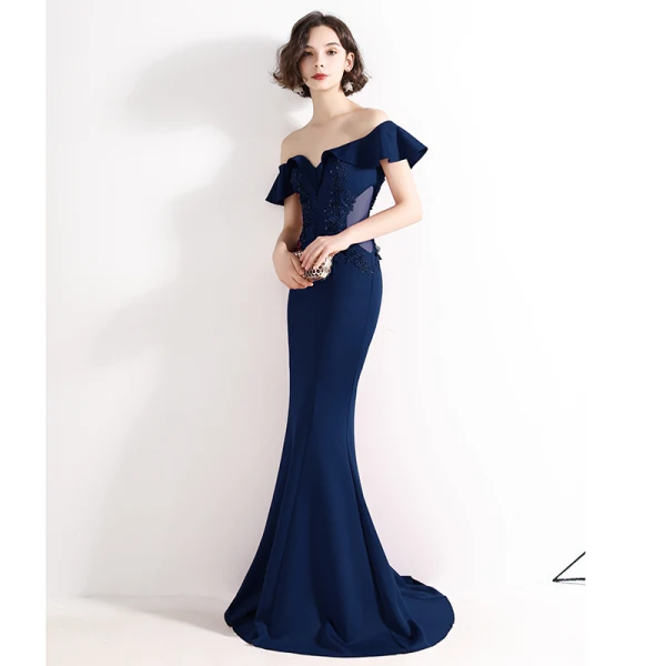 Chic / Beautiful Burgundy Evening Dresses 2020 Trumpet / Mermaid Off-The-Shoulder Beading Lace Flower Short Sleeve Backless Floor-Length / Long Formal Dresses