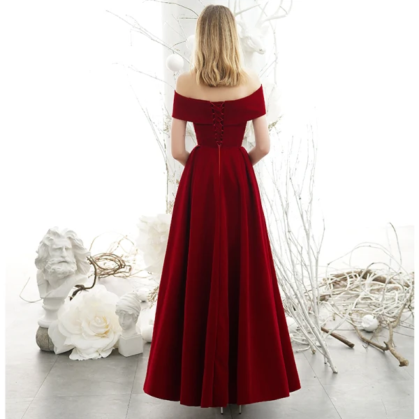Chic / Beautiful Burgundy Suede Evening Dresses 2020 A-Line / Princess High Neck Off-The-Shoulder Short Sleeve Backless Floor-Length / Long Formal Dresses