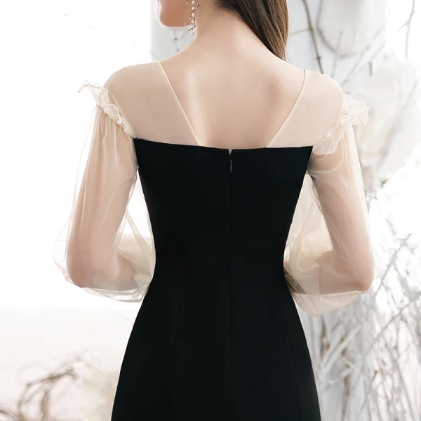 Sexy Noire Robe De Fete 2020 Encolure Carrée Manches Longues Dos Nu Courte Robe De Ceremonie