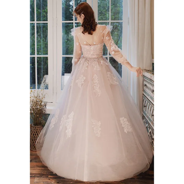 Elegant Pearl Pink Evening Dresses 2020 A-Line / Princess Scoop Neck Beading Sequins Lace Flower Long Sleeve Backless Floor-Length / Long Formal Dresses